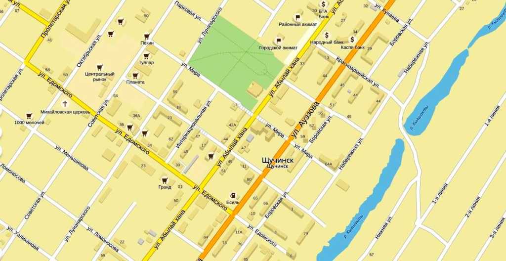 Карта Щучинска подробная: номера домов, названия улиц, районы