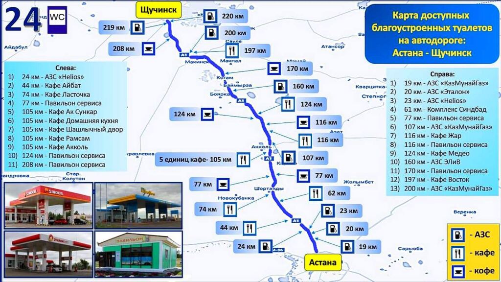 Карта туалетов на пути Астана - Боровое